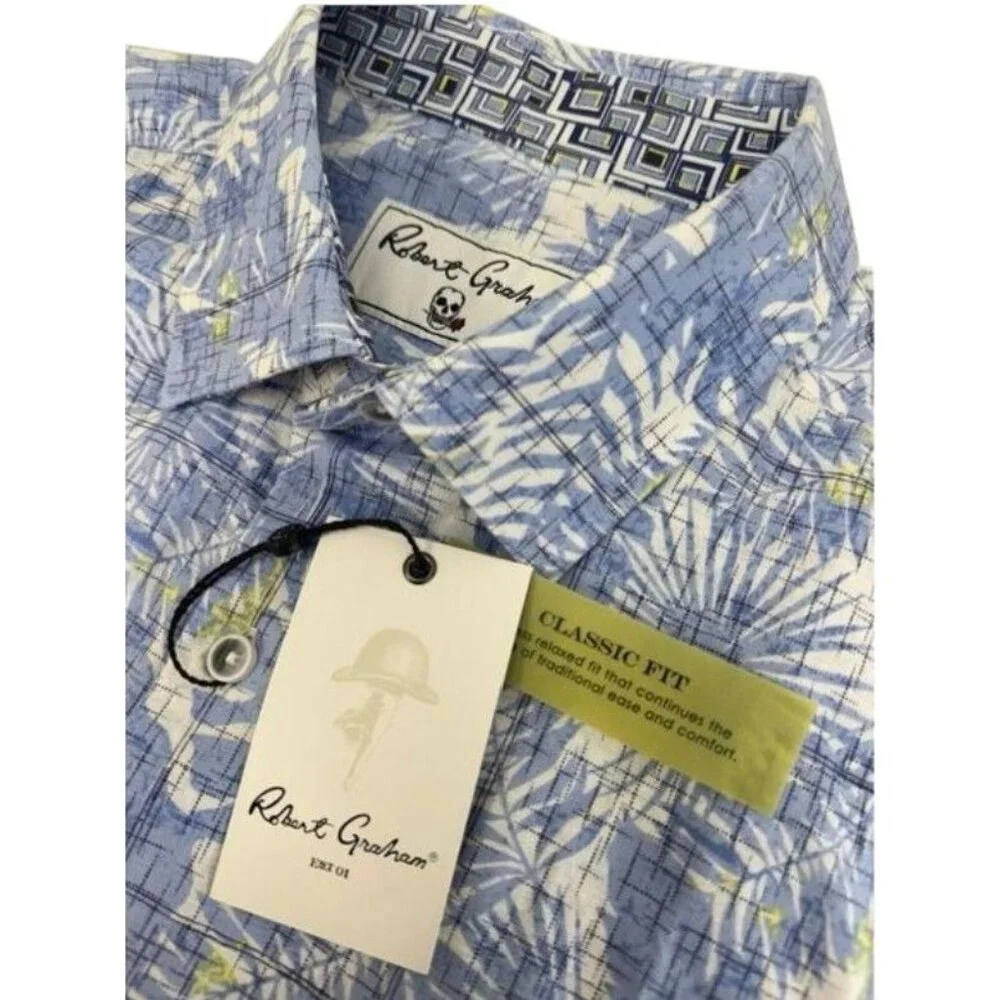 Robert Graham Spencer Floral Tropical‎ Leaf Blue White S/S Shirt Men's S NEW - Picture 4 of 10